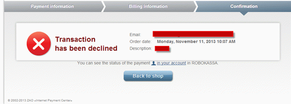 Ошибка при оплате банковской картой.