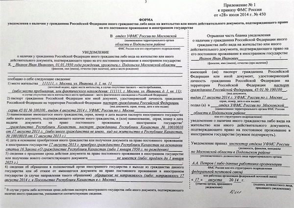 Образец заполнения формы уведомления о втором гражданстве.