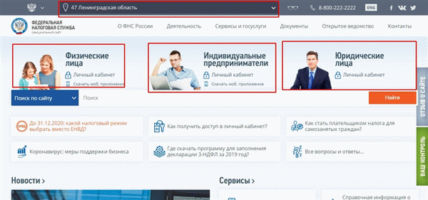 Выбор региона и лица на сайте ФНС
