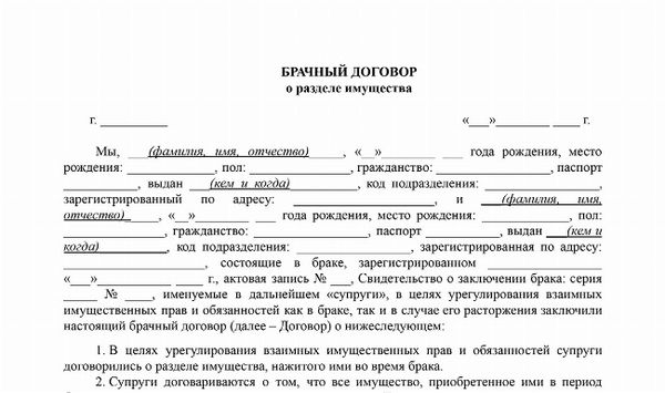 Скачать Соглашение о разделе денежных средств между супругами