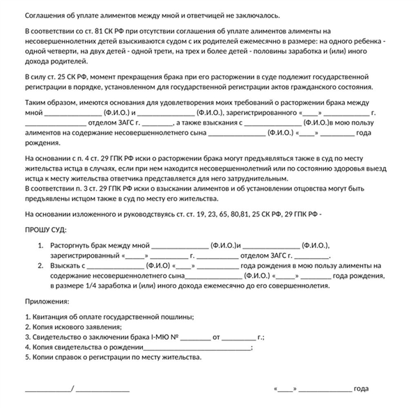 исковое заявление о расторжении брака и взыскании алиментов