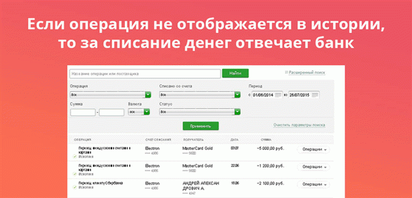 Если операция по переводу не отображается в истории, то за списание денег отвечает банк