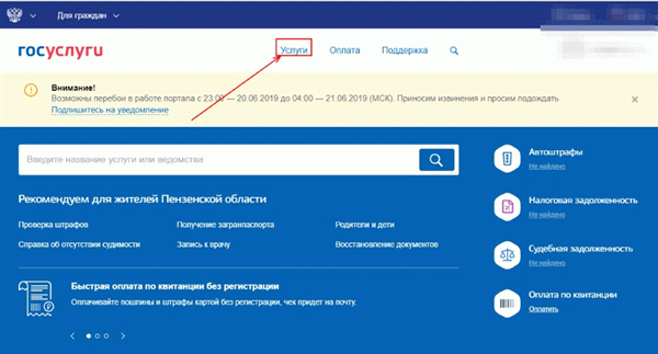 Вкладка Услуги на Госуслугах