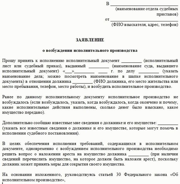 Заявление о возбуждении исполнительного производства